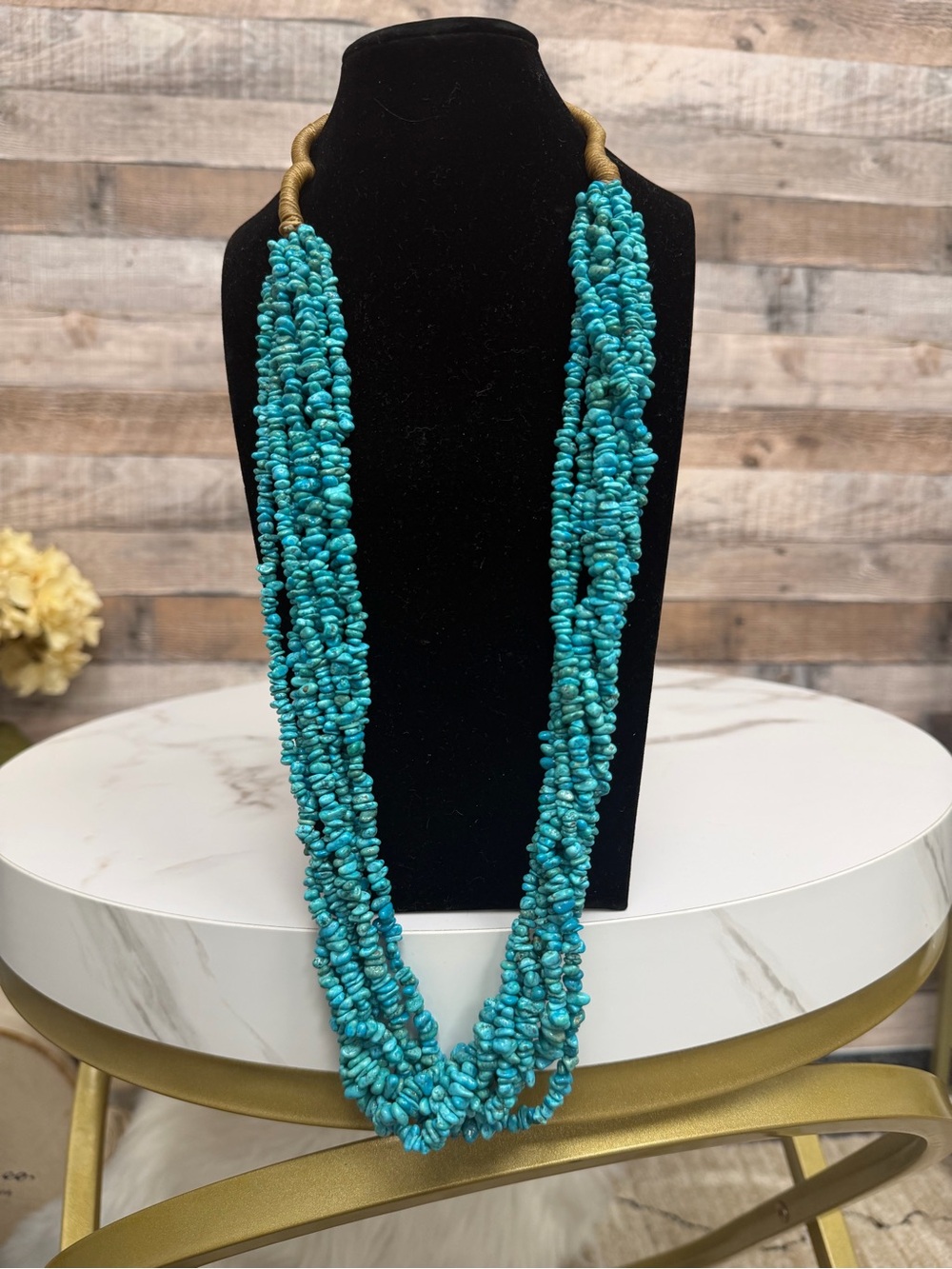 Turquoise Multi-Strand beaded necklace with brown rope